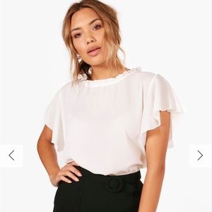 Boohoo white sleeve and neck frill blouse
